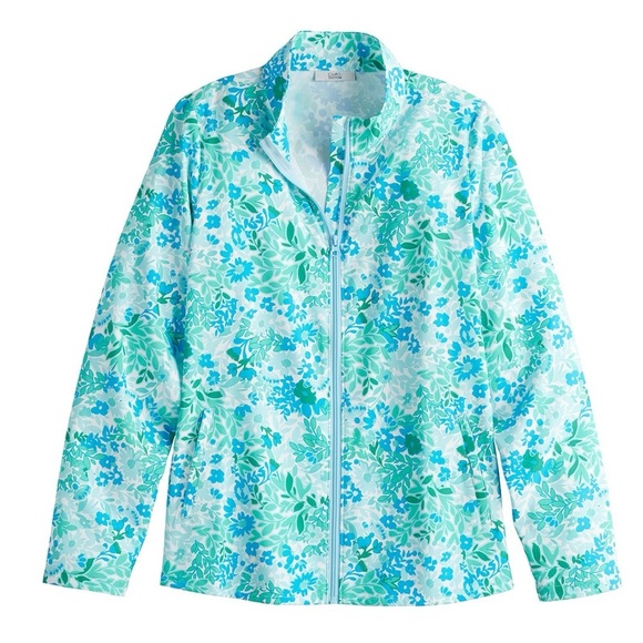 croft & barrow Jackets & Blazers - #90 CROFT & BARROW ABSTRACT AQUA BLUE & GREEN FLORAL ZIP JACKET SIZE LARGE NWOT